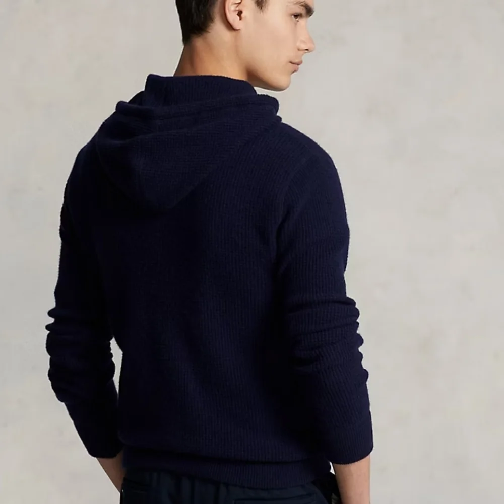 Polo Ralph Lauren Washable Cashmere Hooded Sweater In Waffle Knit Navy XL